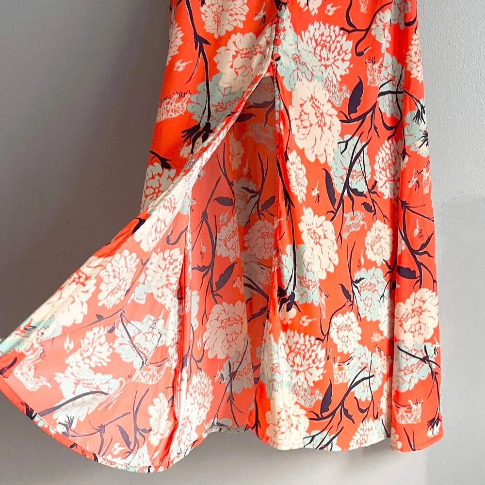 Free People‎ Sammy Button Down Maxi Skirt Orange White Front Slit Size 2